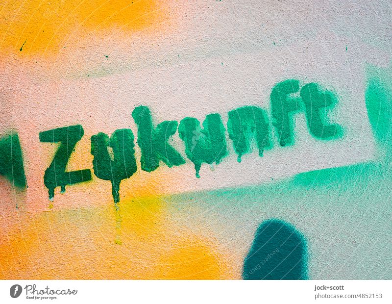 the future is colorful Future Word German Neutral Background Stencil letters Spray Characters Typography Copy Space Creativity Style Street art stencil Detail