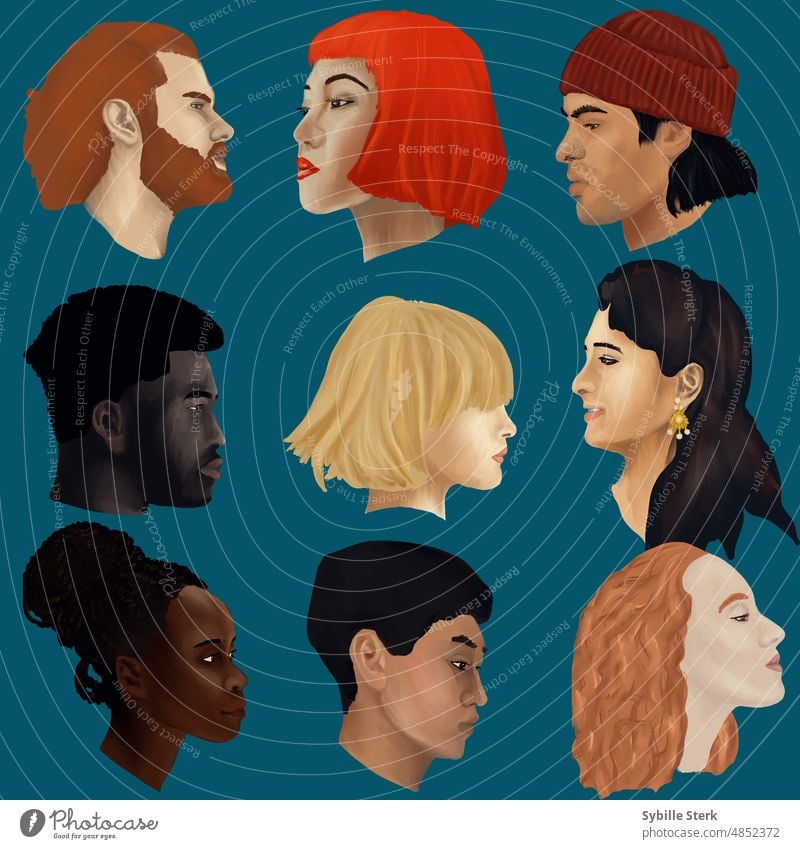 Heads of men and women from different ethnic backgrounds ethnicity portrait man woman red hair black hair blond hair chinese irish japanese african indian