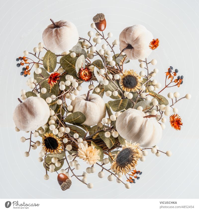 Composition with flying autumn wreath , white pumpkins, dried flowers and leaves at white background. composition creative levitation concept front view design
