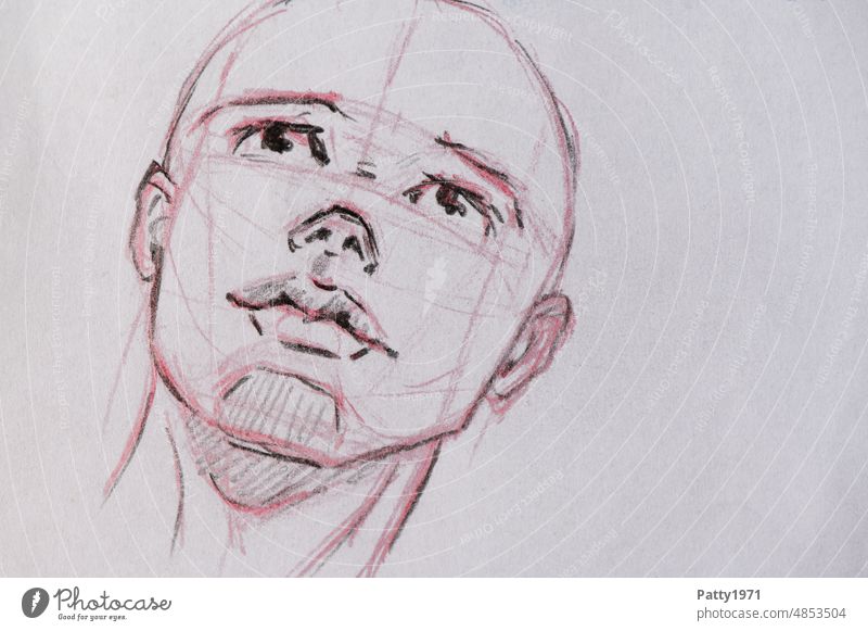 Portrait sketch of a young person portrait Face Drawing Illustration hand-drawn Bald or shaved head Upward Human being hairless melancholically Longing Dreamily