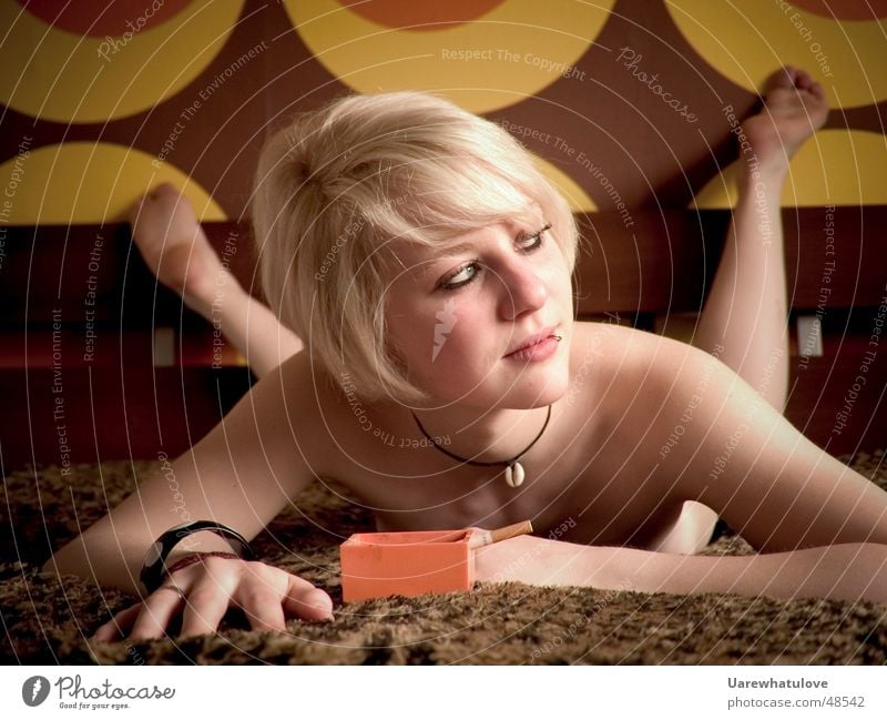 The cigarette after Woman Naked Blonde Seventies Cigarette Ashtray Wallpaper Bed Piercing Lie Joy Eroticism agitator