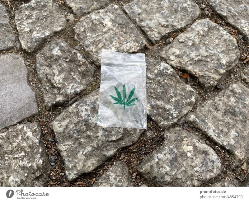 Small and empty plastic bag with green image of a hemp leaf on the bottom. Photo: Alexander Hauk Day daylight Paper bag Plastic bag transparent safekeeping Hemp