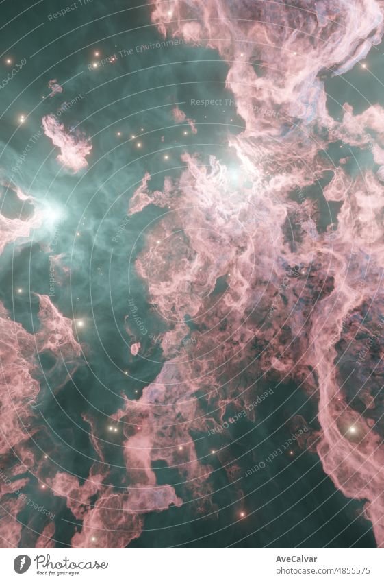 Space background wallpaper with nebula and stars, cosmic dust, cosmic gas clusters and constellations in deep space. Colored fluid powder. 3D Illustration. Copy space future and artistic concept