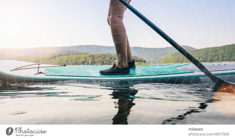 Standup paddler at the lake at summer board stand paddleboard sport water adventure sup woman water sport surf recreation travel fun activity lifestyle ocean