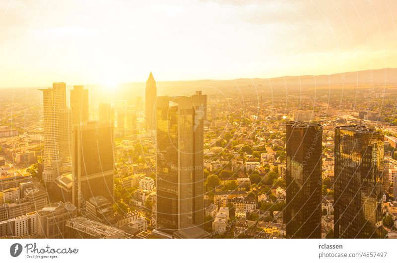 Modern skyline of Frankfurt at sunset, Germany architecture outlook banks brexit cityscape Euro European Union ffm bussines office building financial district