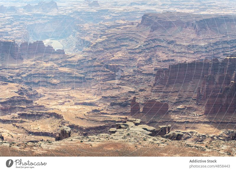 Scenic from above view of mountain canyonlands cliffs utah national park landscape travel desert usa outdoors nature monument aerial arid wilderness stone brown
