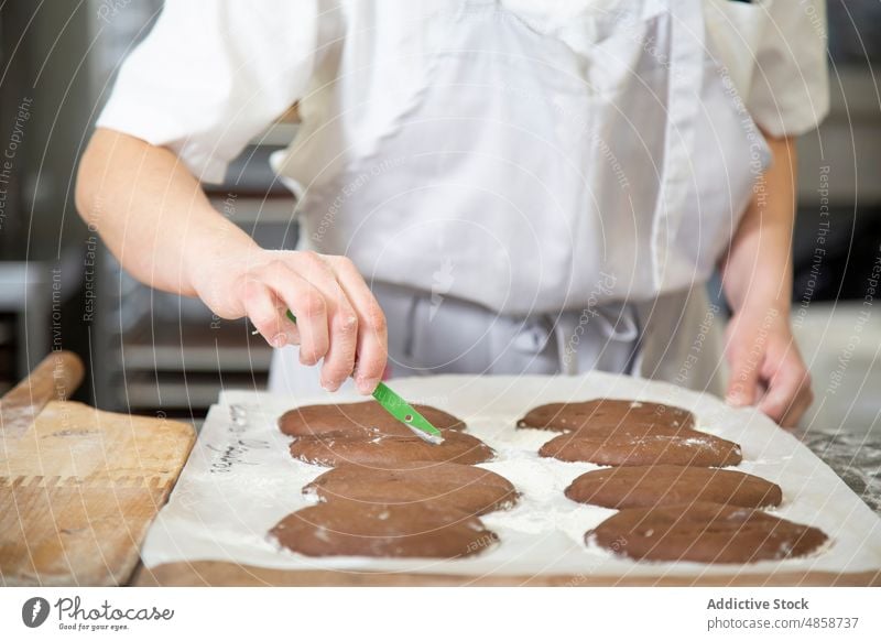 Anonymous focused baker preparing cookies in bakery woman pastry dessert culinary dough sweet raw kitchen work industry job bakehouse process uncooked
