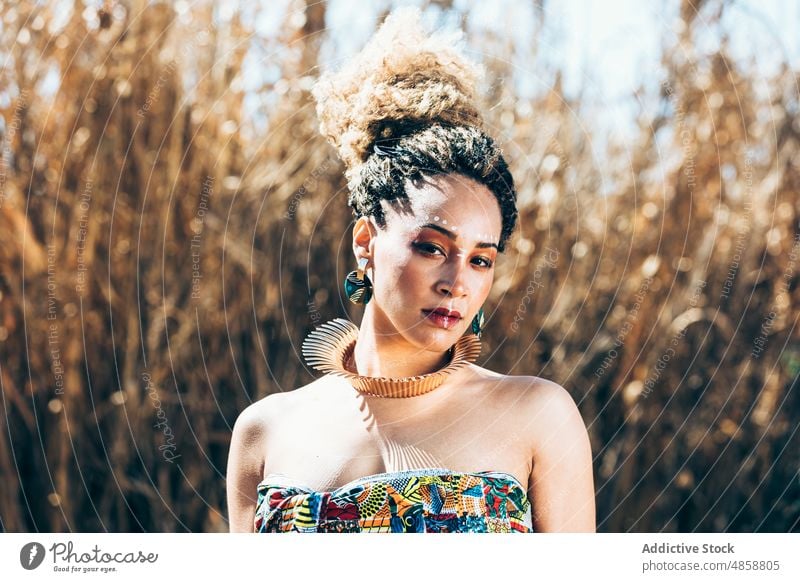 Ethnic woman with traditional African accessories in nature style field appearance authentic accessory makeup portrait local grass dry female mixed race african