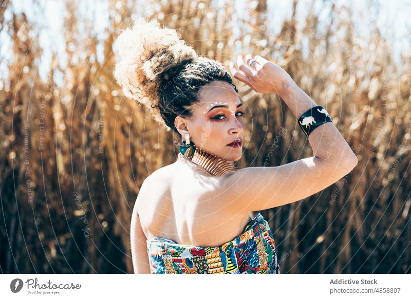 Ethnic woman with traditional African accessories in nature style field appearance authentic accessory makeup portrait local grass dry female mixed race african