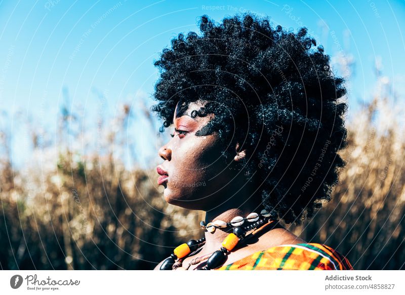 Black woman in traditional African attire serious model handwoven kente field summer colorful vivid nature bright black ethnic young accessory unemotional afro