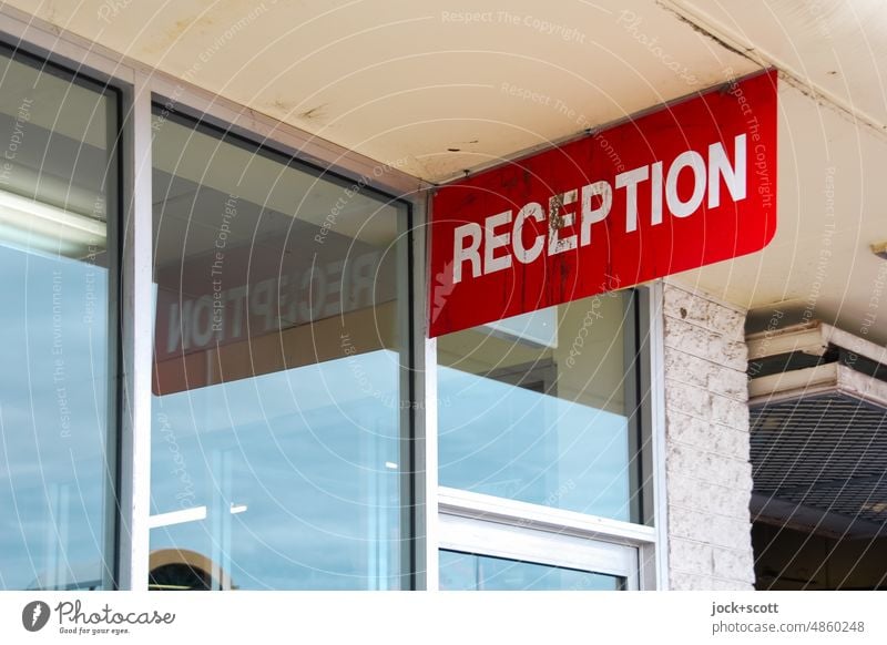 Reception with reflection Receive Word Capital letter English Typography Characters Window Signs and labeling Red Accommodation Hotel Signage Neutral Background