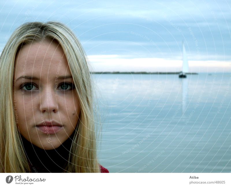 By the lake ... #2 Lake Woman Blonde Sweet Mysterious Sweater Roll-necked sweater Red Autumn Cold Austria Beautiful Water Sky Blue Lake Neusiedl