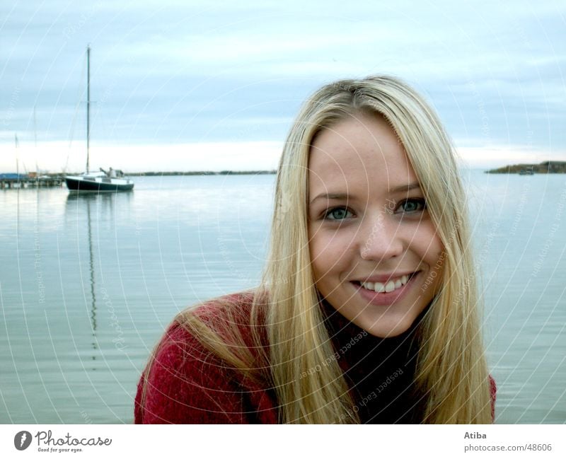 By the lake ... #3 Lake Woman Blonde Sweet Mysterious Sweater Roll-necked sweater Red Autumn Cold Austria Beautiful Water Sky Blue Lake Neusiedl