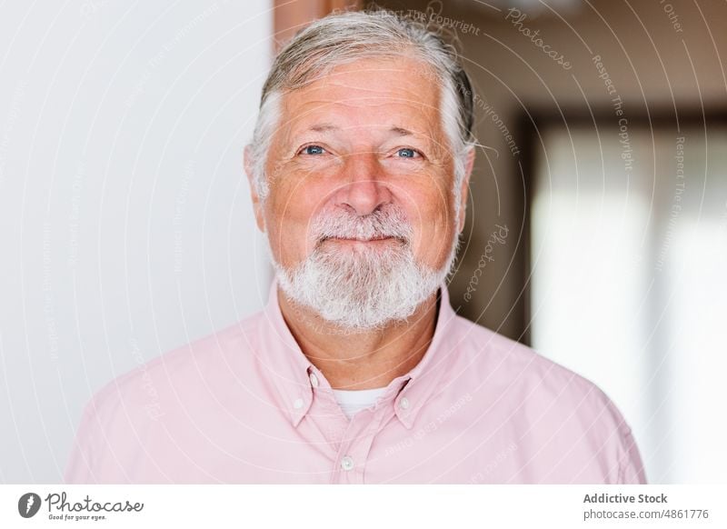 Smiling senior man with gray hair pensioner smile appearance beard glad elderly delight room happy aged gaze calm home wrinkle style sincere stare male mustache