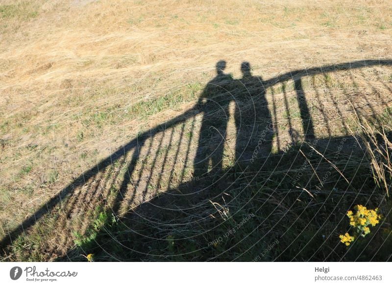 Shadow existence - shadow of two people standing on a railing Shadowy existence Man Woman Meadow Flower Blossom Sunlight sunshine Light Exterior shot