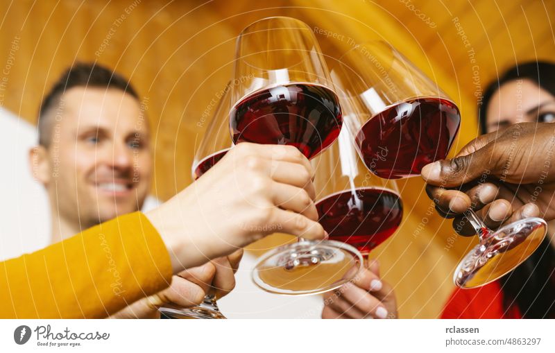 Happy friends having fun indoor - Young people enjoying time together inside at home - Youth friendship concept - Hands toasting red wine glass at home on holidays