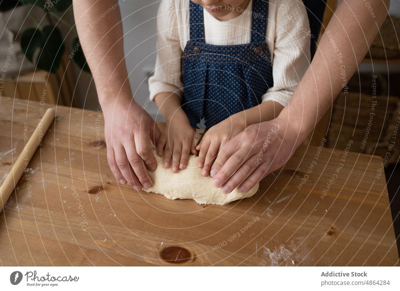 Hands Of Father And Daughter Rolling Dough On Table Home Flour Family Food Domestic Lifestyle Together Preparation Making Fresh Help Homemade Bake Bread Cook