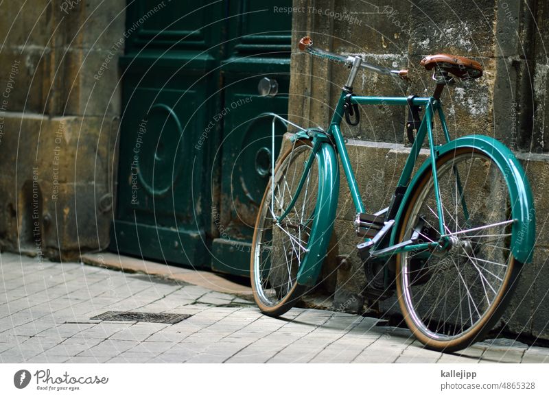 green has right of way Bicycle Green Sustainability bikes Alley door Retro style Exterior shot Colour photo Deserted Cycling Mobility Day Hip & trendy Black