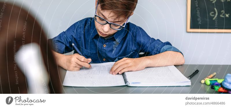 Teenager writing in notebook at school teenager student classroom concentrated education banner web header panorama panoramic copy space studious people young