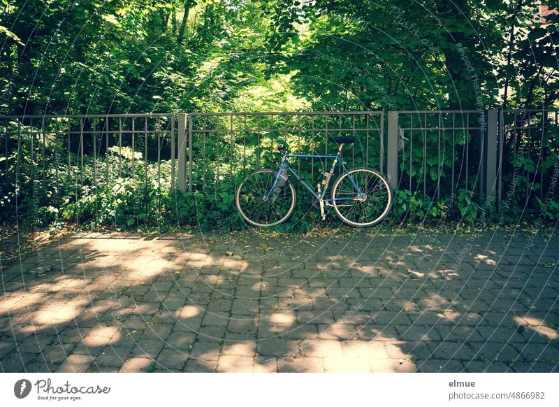 Men's bike in the shade on the sidewalk, leaning against a metal fence with trees and bushes in the background / cycling / environmental awareness Bicycle