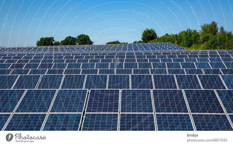 PV open space plant , photovoltaic open space plant in front of cloudless sky, PV modules photovoltaics PV system PV ground-mounted system green electricity