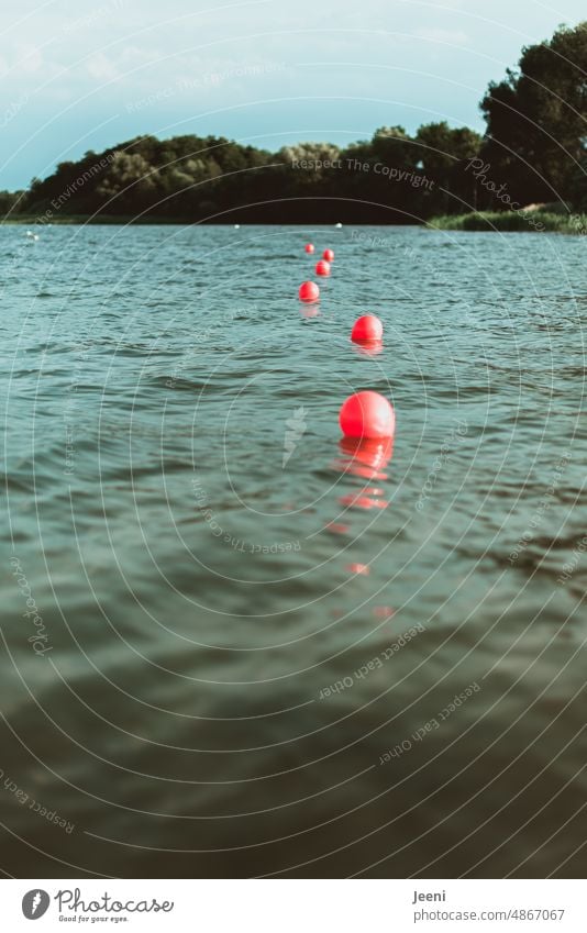 Demarcation buoys in turbulent water Water Wet Surface of water Lake non-swimmer area float Non-swimmer demarcation Buoy Round Waves Swell Swimming & Bathing