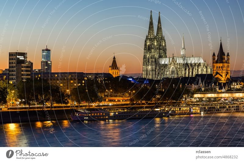 Cologne city with Cathedral at sunset Cologne Cathedral Old Town Rhine Hohenzollern Germany Hohenzollern bridge river church dusk gothik tourism night landmark
