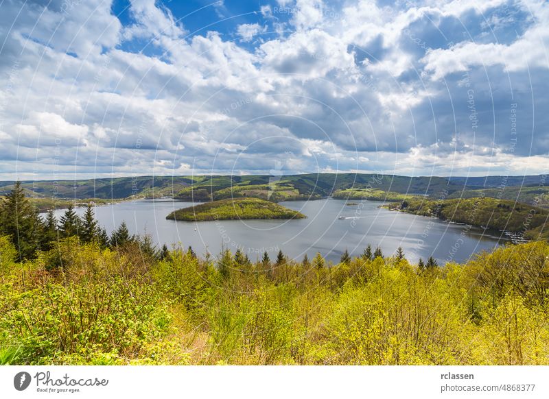 aerial view of the Rursee lake at the Eifel mountains Boats Trees summer Germany recreation area landscape spring Monschau national park nature natural reserve