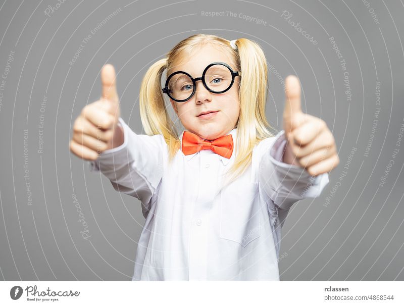 blond Hipster girl kid holds thumbs up children communication woman schooling bow tie nursery school leader braids nerd funny schoolchild hipster clever