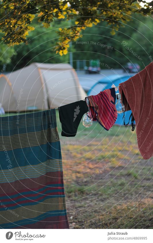 The clothesline camping in the evening light Towel Swimming trunks Bikini Electric bulb solar light Tents Camping site campsite Sunlight Tree Meadow Branch car