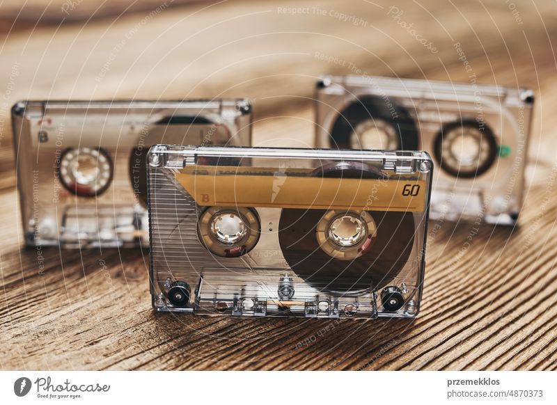 Tape cassettes. Magnetic cassette tapes. Retro music style. 80s music party. Vintage style. Analog equipment. Stereo sound. Back to the past compact recorder