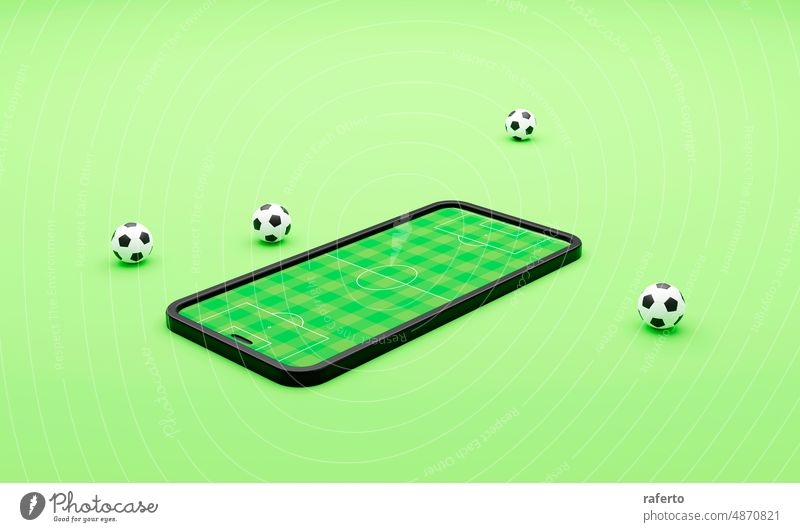 Football field on the smartphone screen and ball. 3d render football mobile phone application championship competition cyberspace game goal online soccer