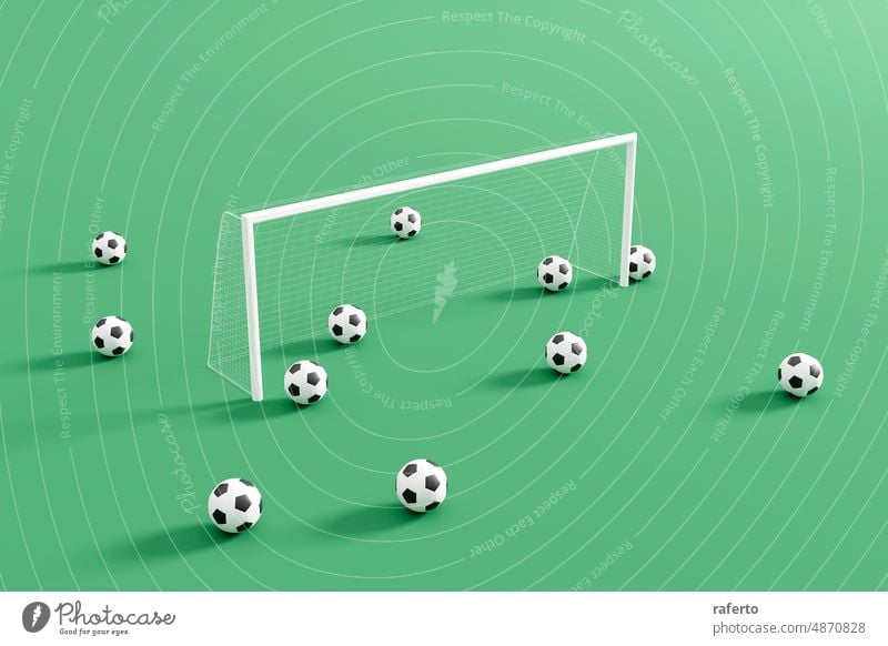 Green football courts with soccer ball and goal post, minimalist composition. 3d illustration background betting championship colored colours competition game