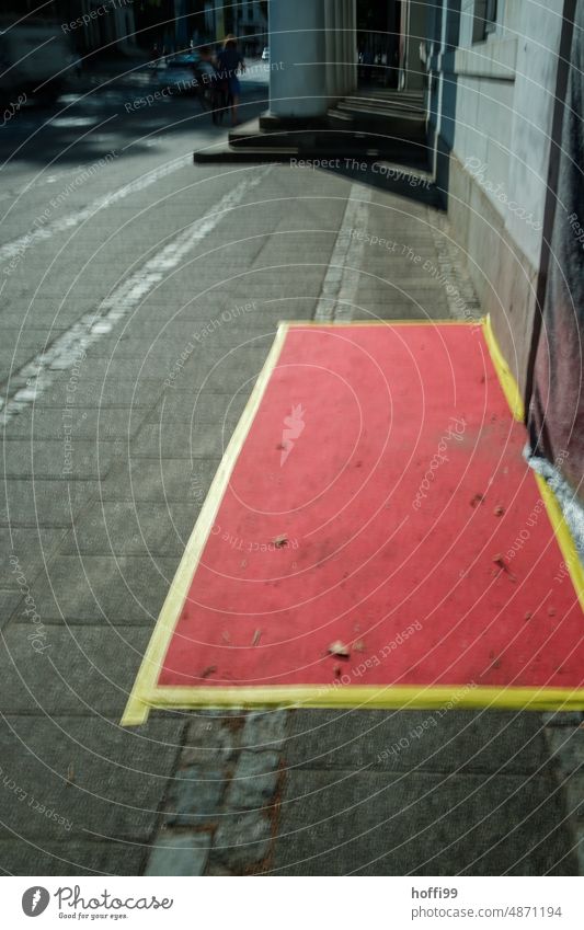 A red carpet on a sidewalk Red Red carpet off Receive Event Feasts & Celebrations Concert admittance Gloomy Shabby run-down Subculture Culture Lifestyle Shows