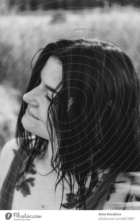 it’s me, I’m smiling happy self portrait black and white dark hair eyelashes smile side portrait face Blurry background woman Human being
