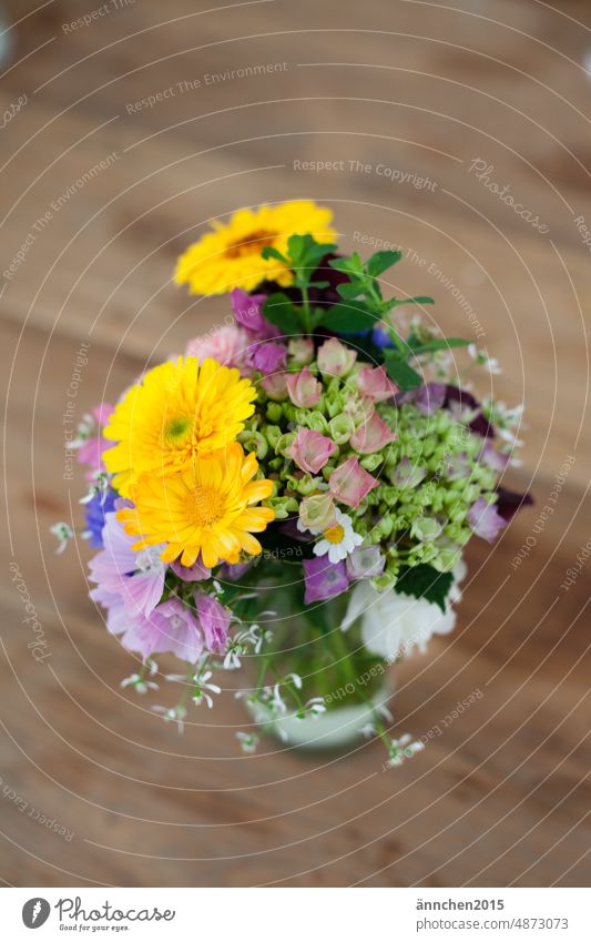 A colorful bouquet with flowers from the garden Marigold Hydrangea herbs Ostrich Flower Blossom Spring Bouquet Nature pretty Green Blossoming Colour photo Plant