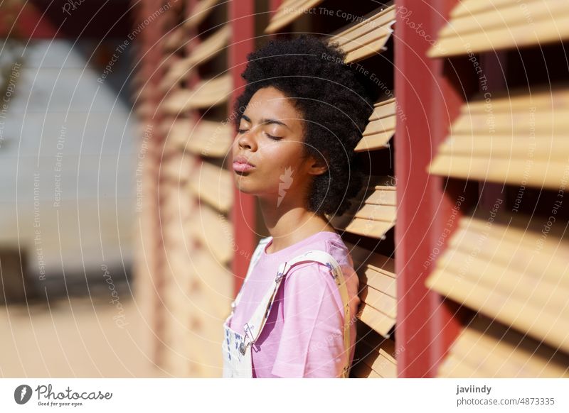 Dreamy black woman enjoying sunny day sunlight street feminine style wall relax dreamy appearance eyes closed charming outfit beautiful tranquil serene bright