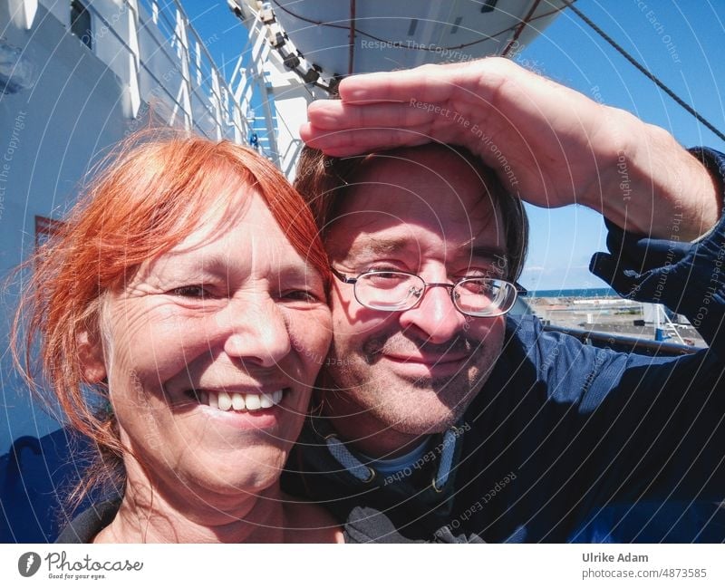 Ahoy captain | couple looking at the sea from the ferry Summer Joy Together Harmonious Relationship Happy travel vacation Couple fortunate Happy couple Ferry