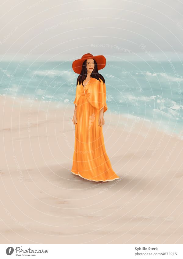 Woman in a yellow dress and red sun hat at the beach elegant woman long dress sunhat red hat waves sand sunny day vacation travel nostalgic Vacation & Travel
