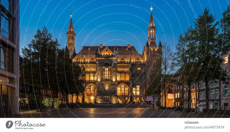 "Katschhof" in Aachen with historical town hall at night aachen aix-la-chapelle aken old town summer Germany cathedral dom kaiser karl architecture gothic