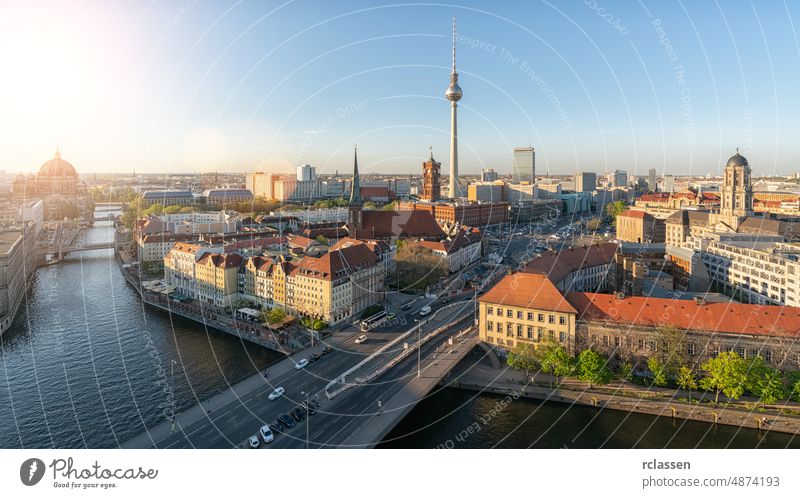 Aerial view of Berlin skyline and Spree river in beautiful evening light at sunset in summer, Germany berlin germany destination travel tower city panorama tv