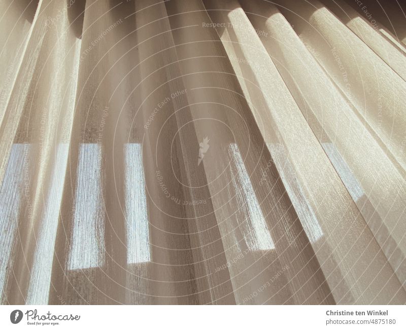 Sunlight on delicate curtains with view through to the sky Curtain Drape Folds Wrinkles Window pane Light Transparent Shaft of light Bright Translucent