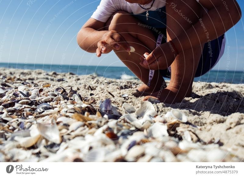 Boy is gathering shells on the beach. Kid is playing near the sea during vacation active activity beautiful blue boy cheerful child childhood coast day family