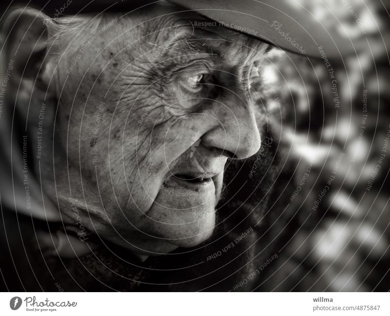 Concern in the eyes of the senior, an old veteran Senior citizen portrait Old man View to the side full of worries war veteran Man Human being Male senior