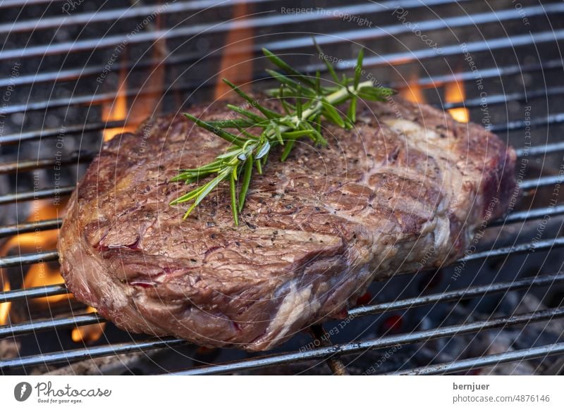 Raw steak with rosemary on the grill Steak Smoke Fat Rust Barbecue (apparatus) Meat BBQ Eating boil grilled Fire Flame Rosemary background Close-up Frying