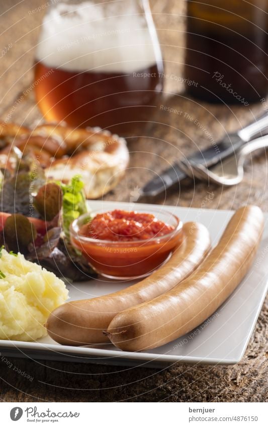 Frankfurter with salad and mashed potatoes Vienna Meat Eating Smoked Pork sausage Plate Lunch JunkFood swift Spicy ingredient potato salad White Creamy Red Shot