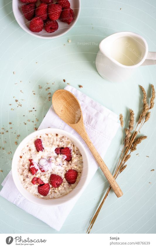 Warm porridge with raspberries in a bowl. Porridge. Raspberry warm Breakfast Bowl Fruit Nutrition Delicious Diet Cereal Morning Oat flakes Milk naturally