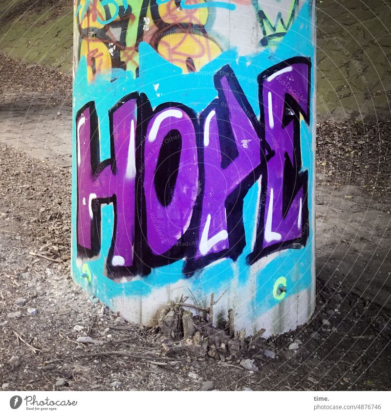 Hope for concrete graffiti concrete pillar prop Bridge Underpass embassy Information Communication spray paint purple hope Letters (alphabet) Text stones