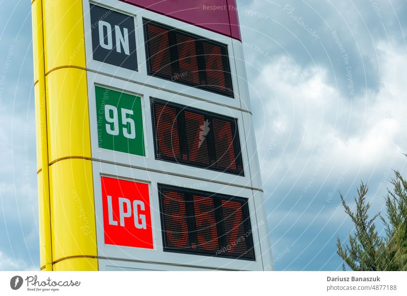 Light board at the petrol station with prices gasoline light fuel diesel business oil industry transport sign travel filling station display energy car