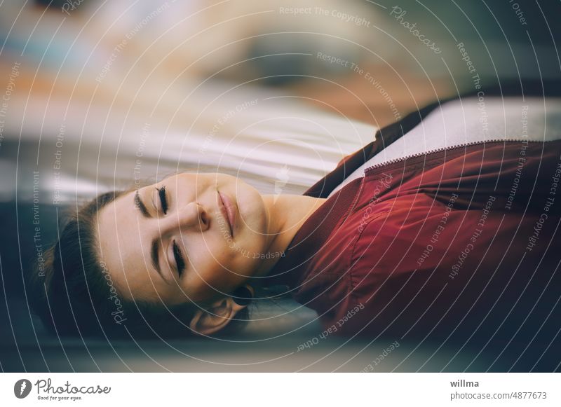 The beautiful daydreamer Woman Lie Dream Daydream rest relax Young woman pretty meditate Contentment Sleep Attractive Smiling plug maxi rest within oneself Rest
